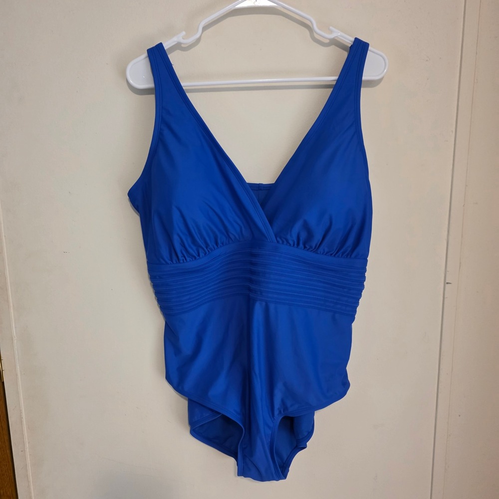 Shade & Shore Womens One Piece Swimsuit Plus Size 20 Blue V-Neck Wrap Pleated
